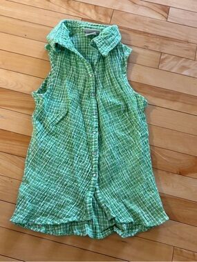 90s Vintage Cotton Green‎ Sleeveless Cottagecore Mom Grandma Style Top gingham